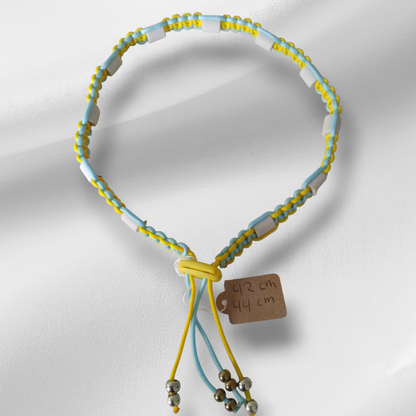 Vlooien / Tekenband + Keramische kralen 42-44 cm Handgemaakt Lichtblauw Geel