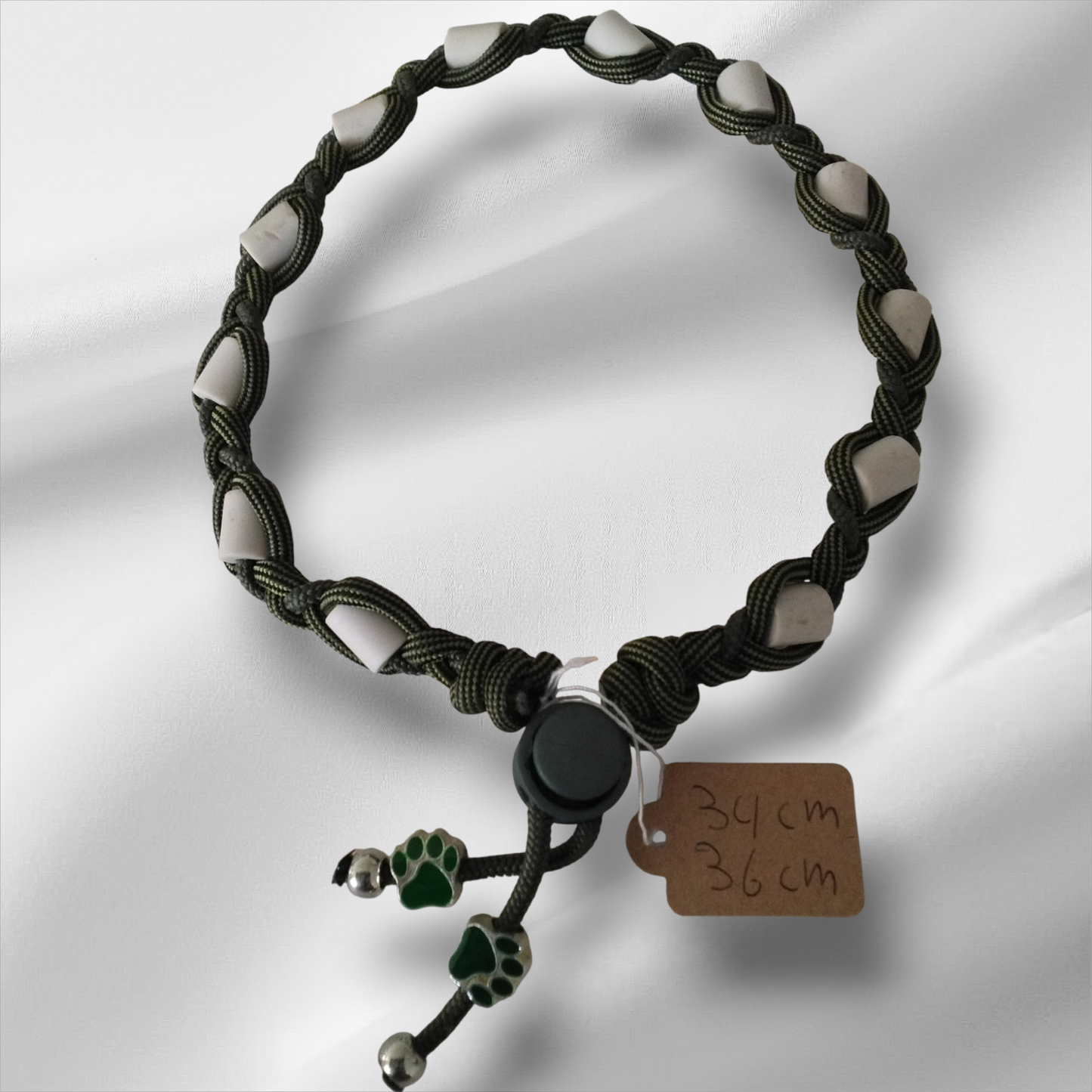 Vlooien / Tekenband + Keramische kralen 34-36 cm Handgemaakt Legergroen
